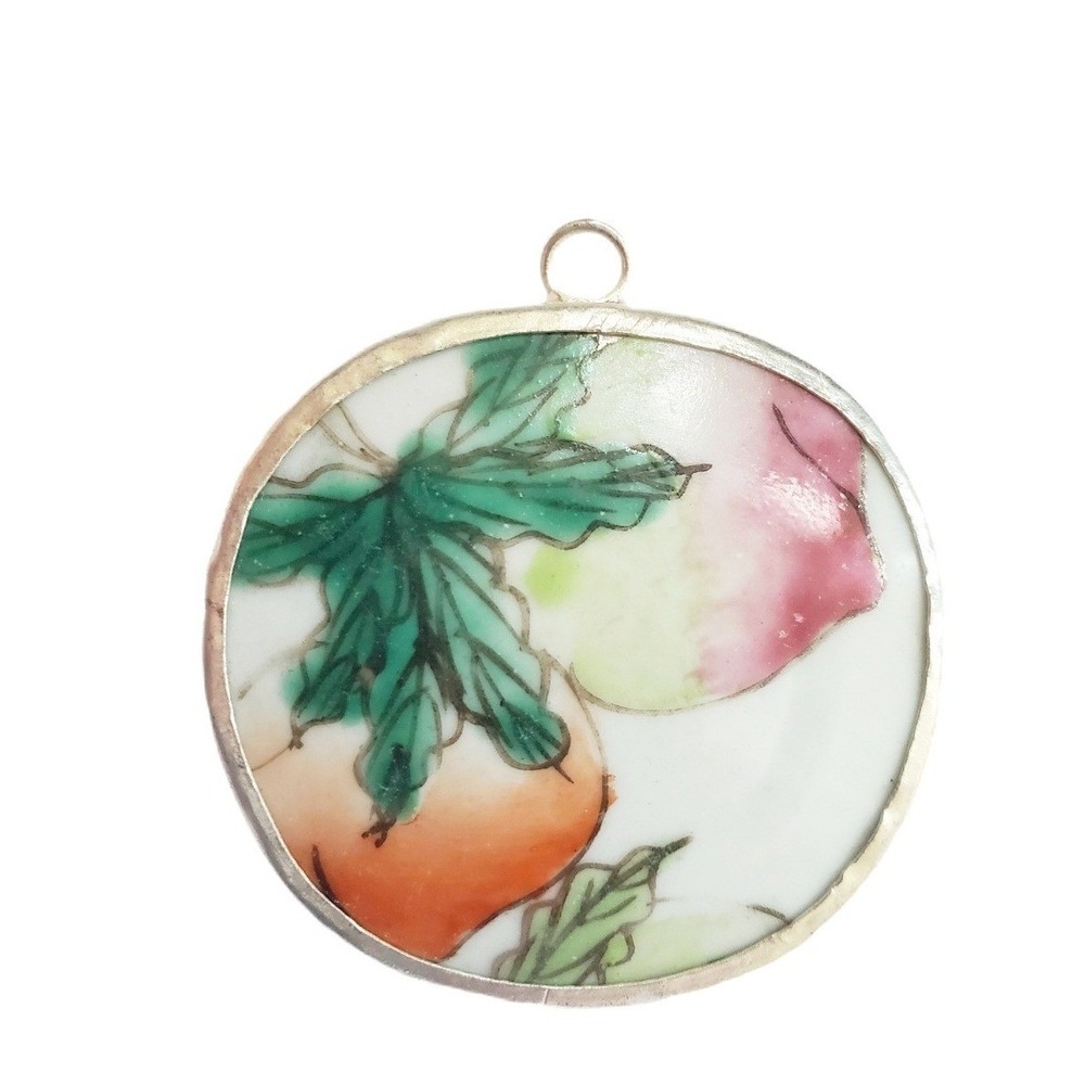Peach Fruit Pendant - Botanical Hand Painted Vintage Porcelain Shard Jewelry